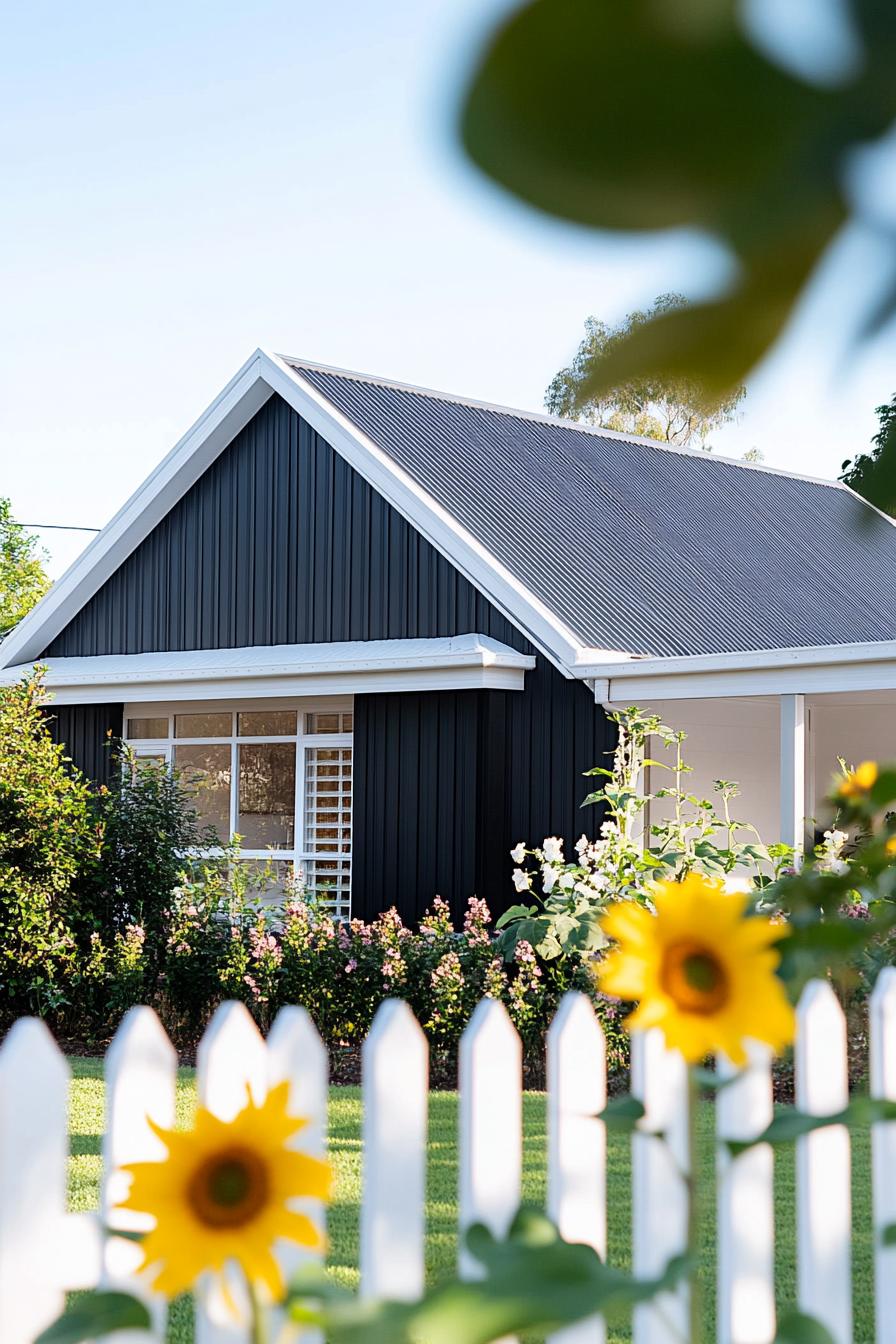 80s house modern makeover facade metal gable room shiplap cladding yard with white picket fence and a patch of sunflowers 2