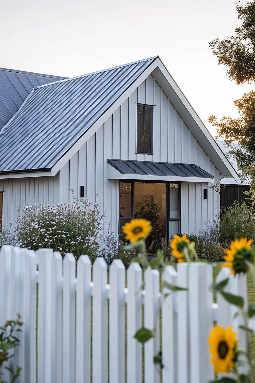 80s house modern makeover facade metal gable room shiplap cladding yard with white picket fence and a patch of sunflowers 3