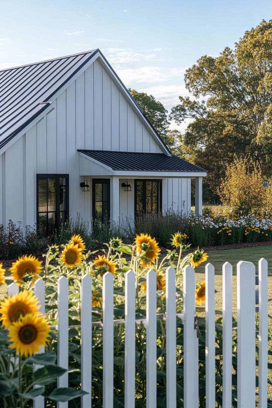 80s house modern makeover facade metal gable room shiplap cladding yard with white picket fence and a patch of sunflowers