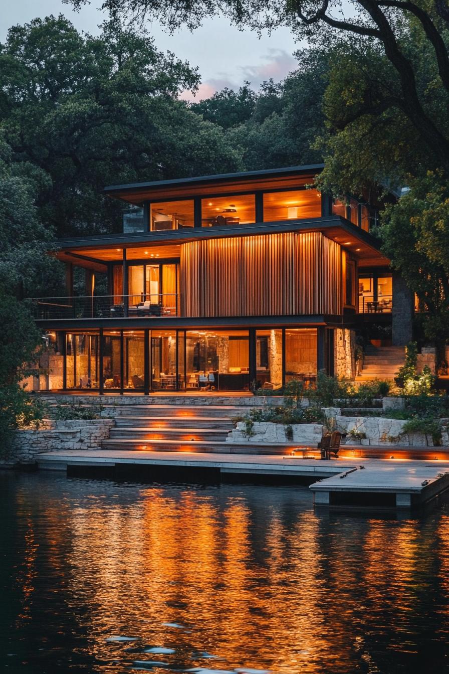 craftsman style mid century modern house facade with vertical slat walls lakefront with boat dock 1