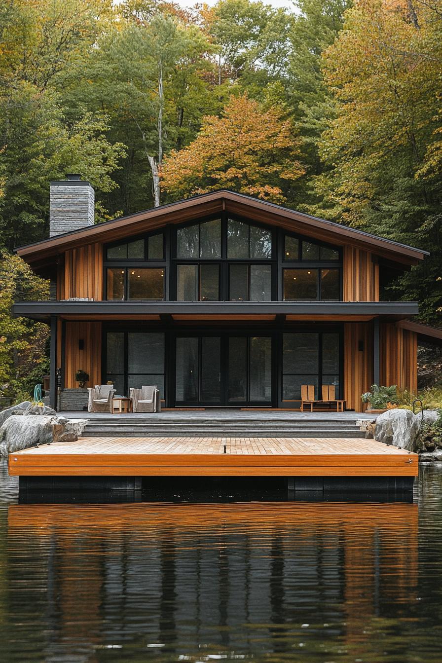 craftsman style mid century modern house facade with vertical slat walls lakefront with boat dock 2