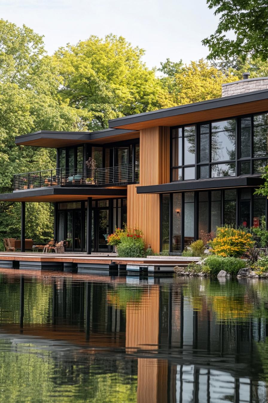 craftsman style mid century modern house facade with vertical slat walls lakefront with boat dock 3