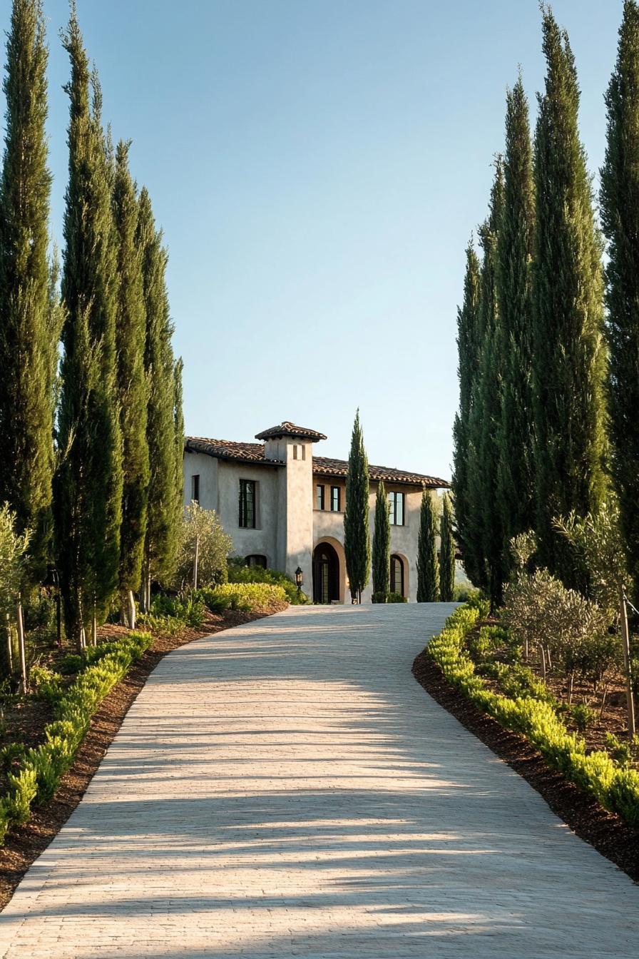 cypress lined driveway leading to a hilltop Tuscan modern manor 1