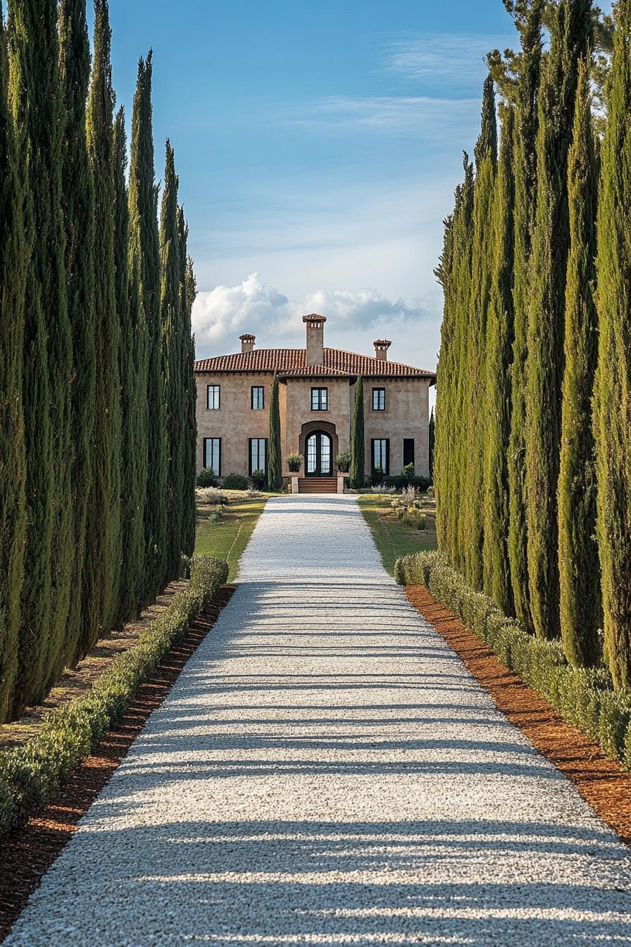 cypress lined driveway leading to a hilltop Tuscan modern manor 2