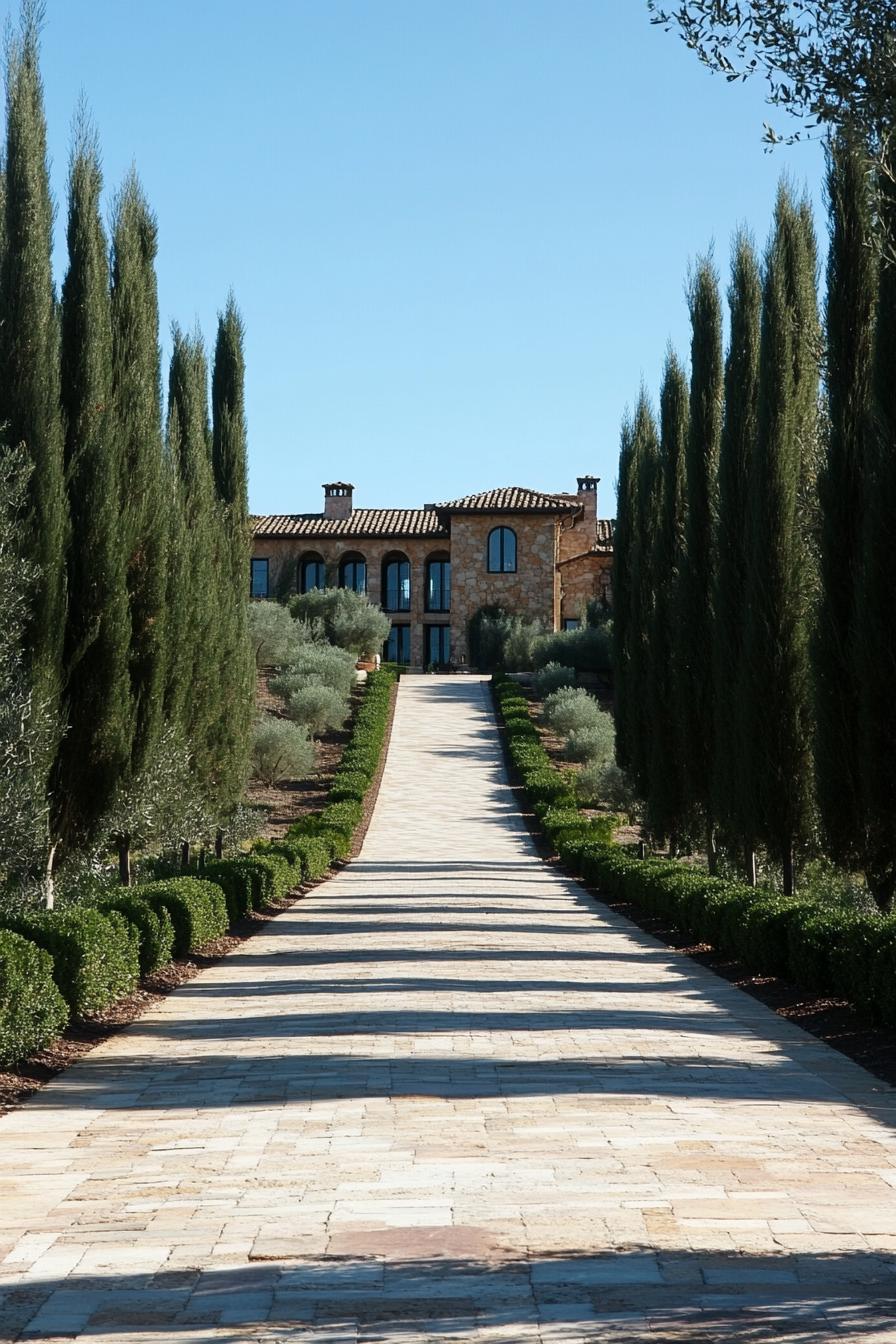 cypress lined driveway leading to a hilltop Tuscan modern manor 3