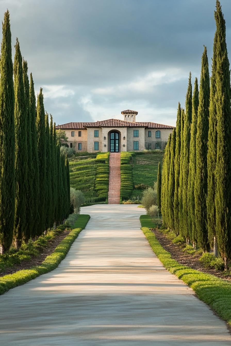 cypress lined driveway leading to a hilltop Tuscan modern manor