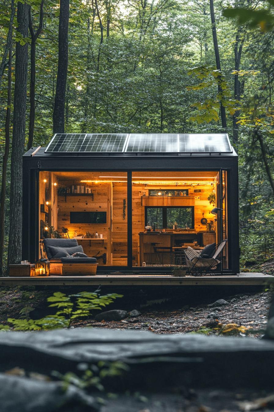 eco friendly tiny house with solar panels in the woods with stunning forest views