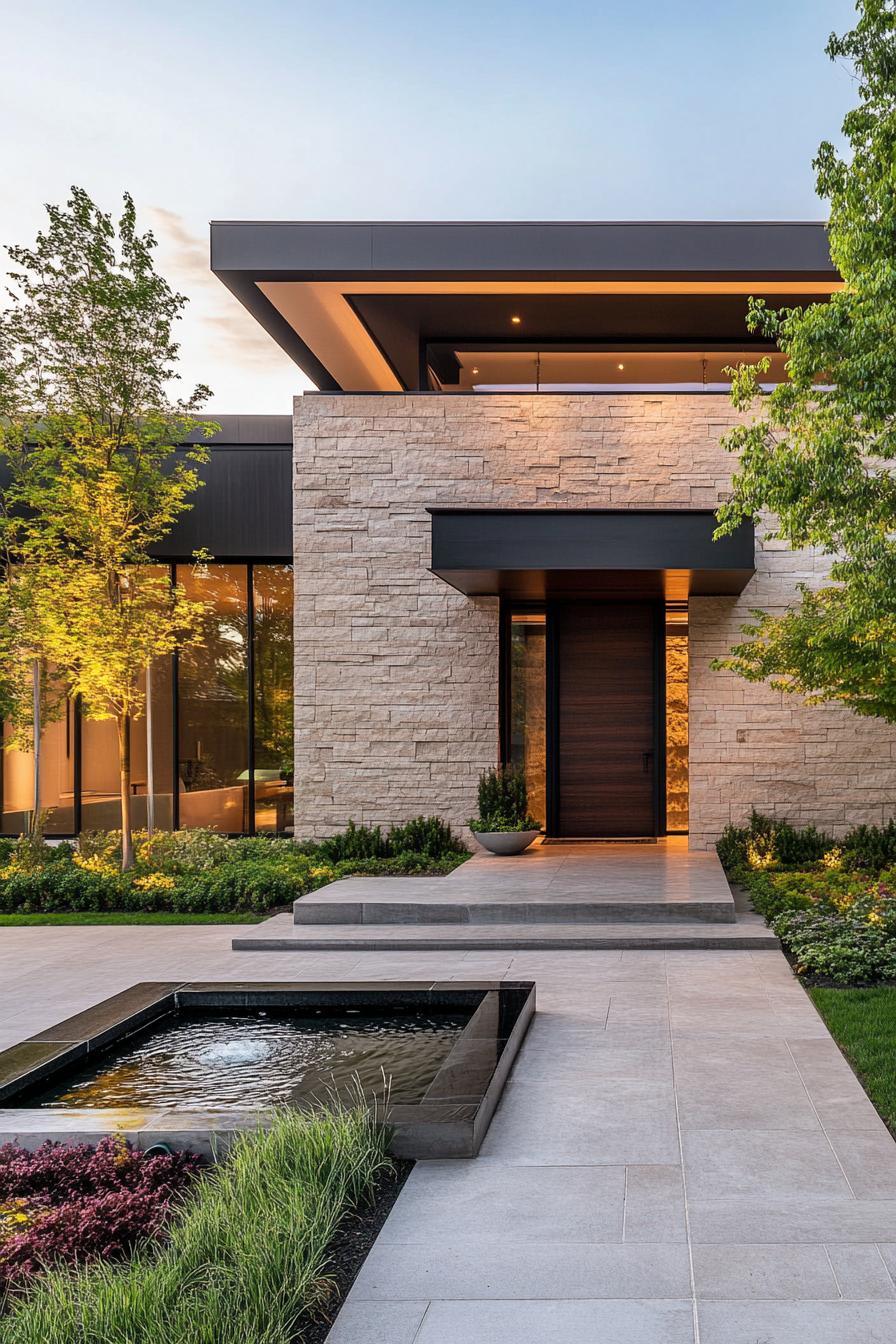 front entrance of a modern minimalist house facade with natural stone cladding the front yard features a zen garden with a fountain 1