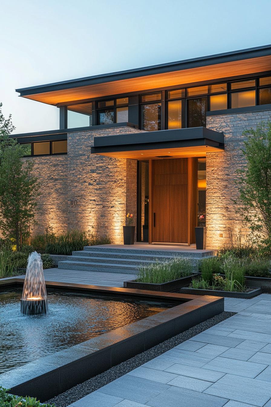 front entrance of a modern minimalist house facade with natural stone cladding the front yard features a zen garden with a fountain 2