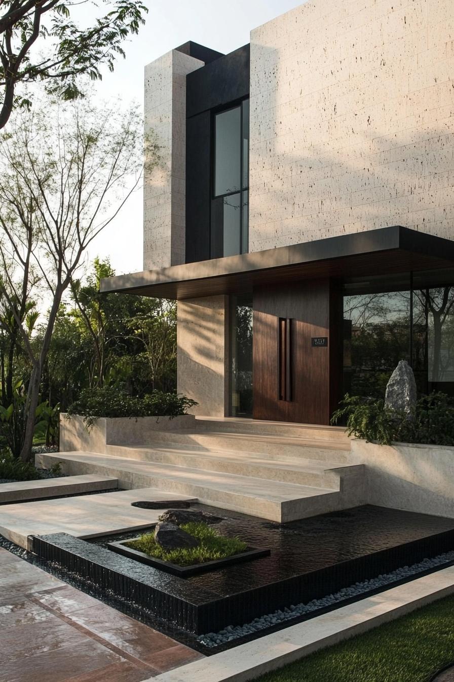 front entrance of a modern minimalist house facade with natural stone cladding the front yard features a zen garden with a fountain 3