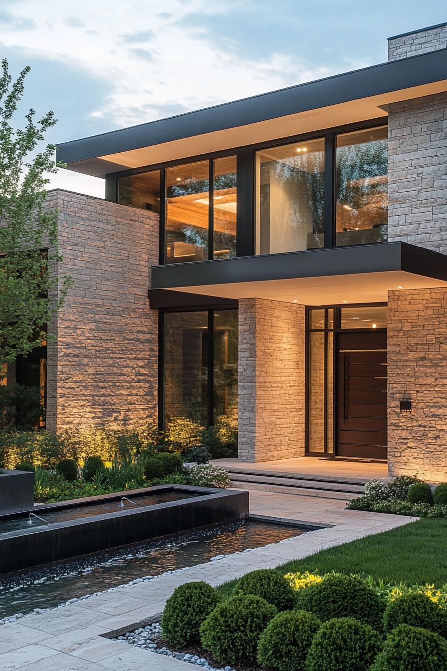 front entrance of a modern minimalist house facade with natural stone cladding the front yard features a zen garden with a fountain