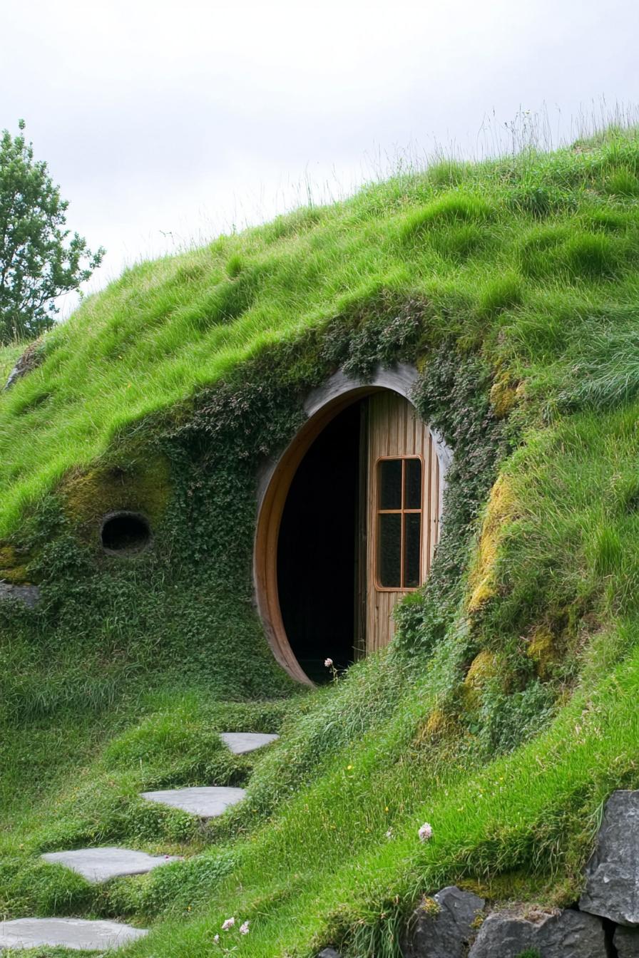 front of an earth sheltered house with large built into hillside door covered in grass 1