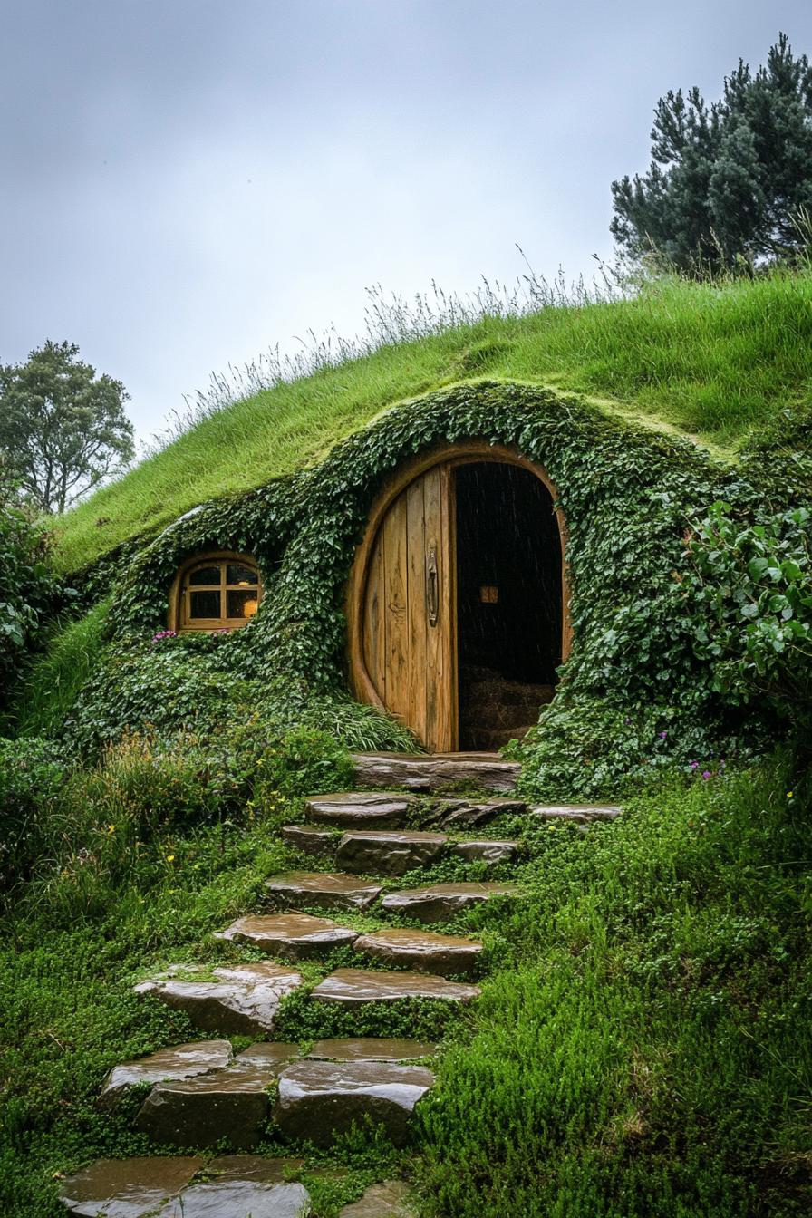 front of an earth sheltered house with large built into hillside door covered in grass 2