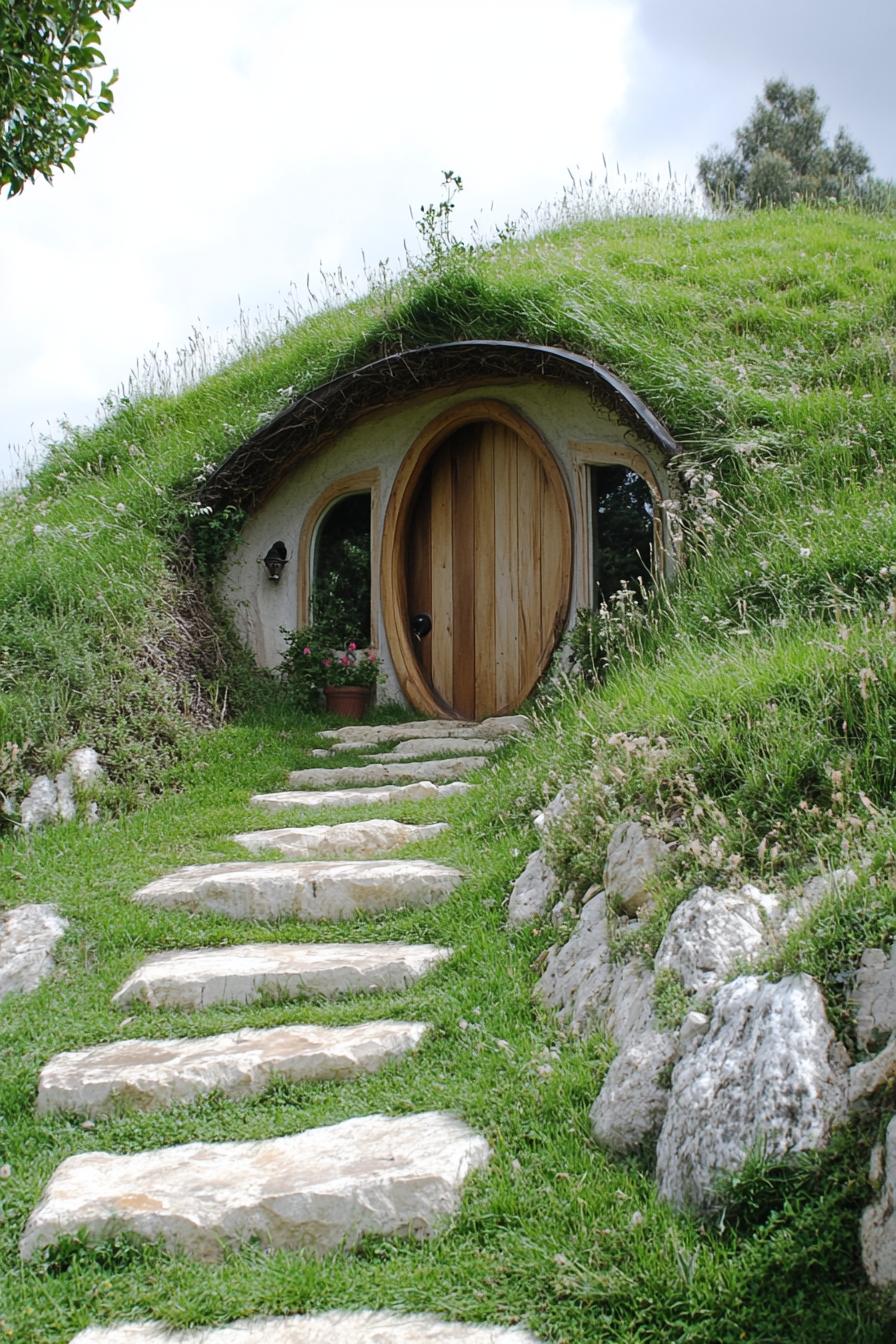 front of an earth sheltered house with large built into hillside door covered in grass 3