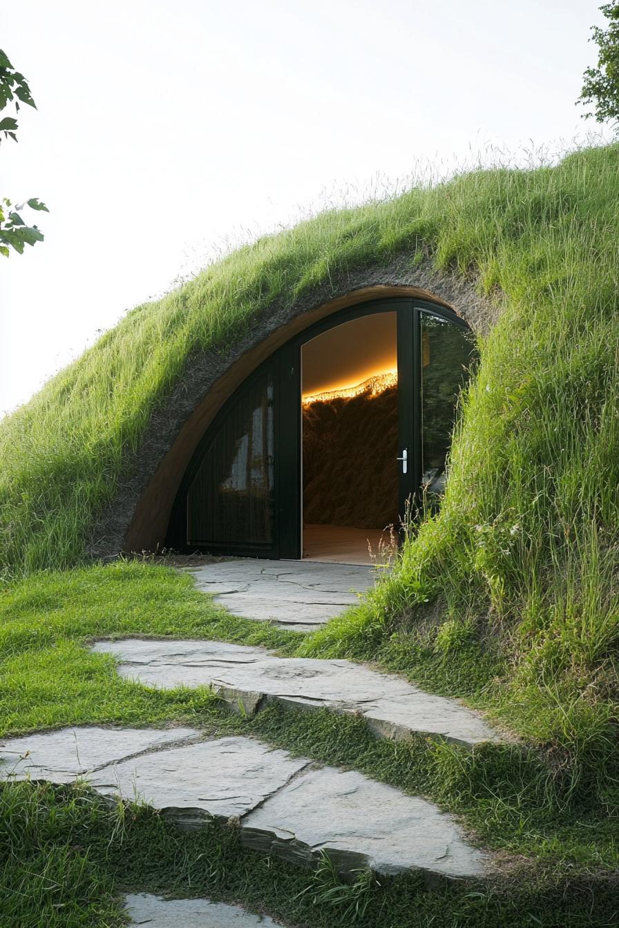 front of an earth sheltered house with large built into hillside door covered in grass