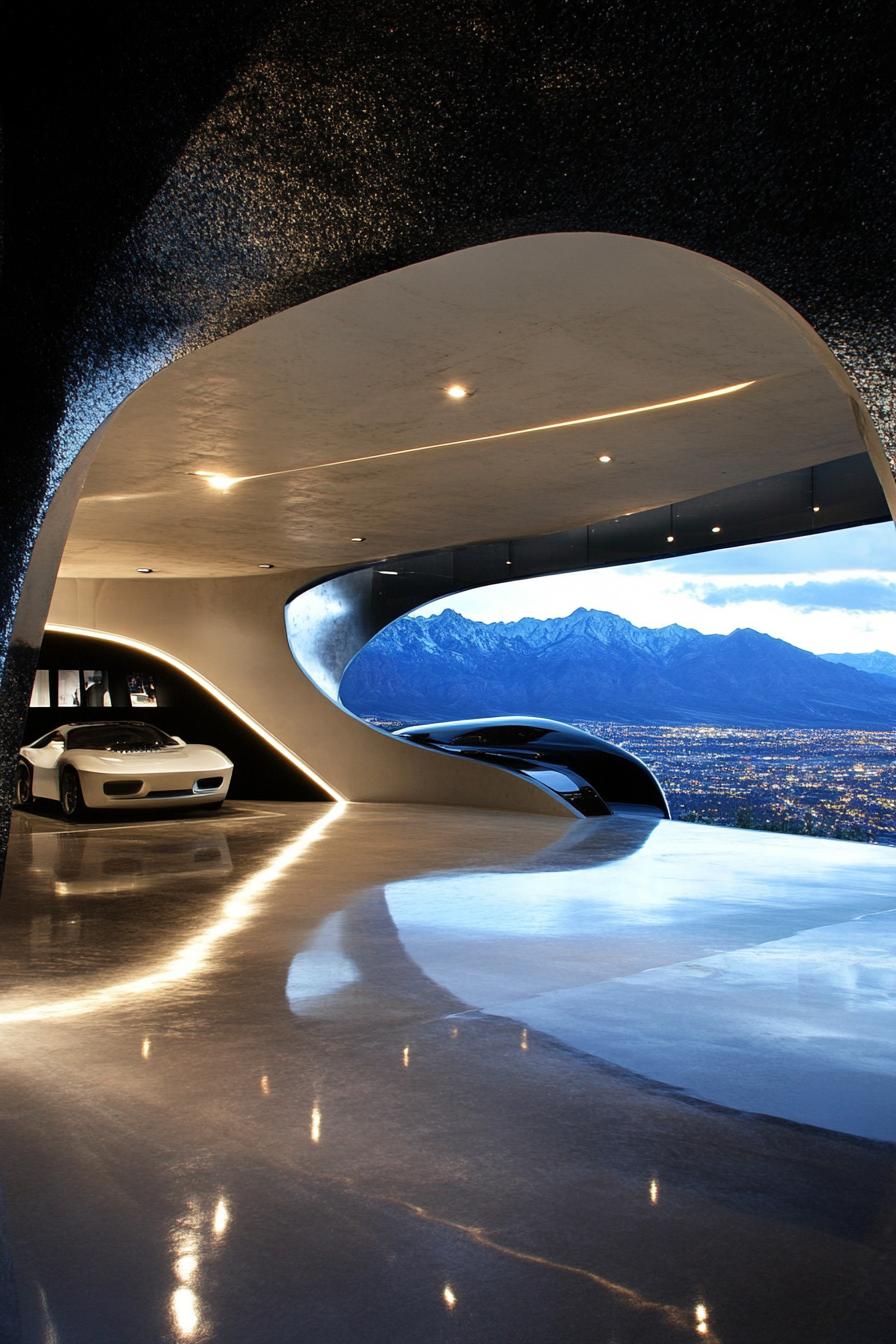 futuristic home garage with stunning mountain city views