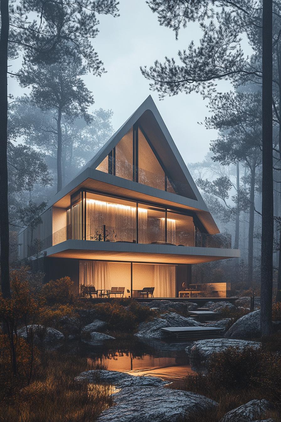 highly modern geometric house with elevated floating roof in misty dreamy Scandinavian forest 1