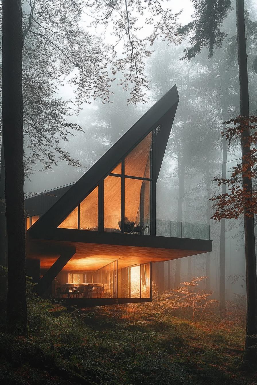 highly modern geometric house with elevated floating roof in misty dreamy Scandinavian forest 2