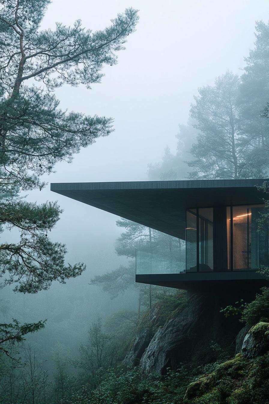 highly modern geometric house with elevated floating roof in misty dreamy Scandinavian forest