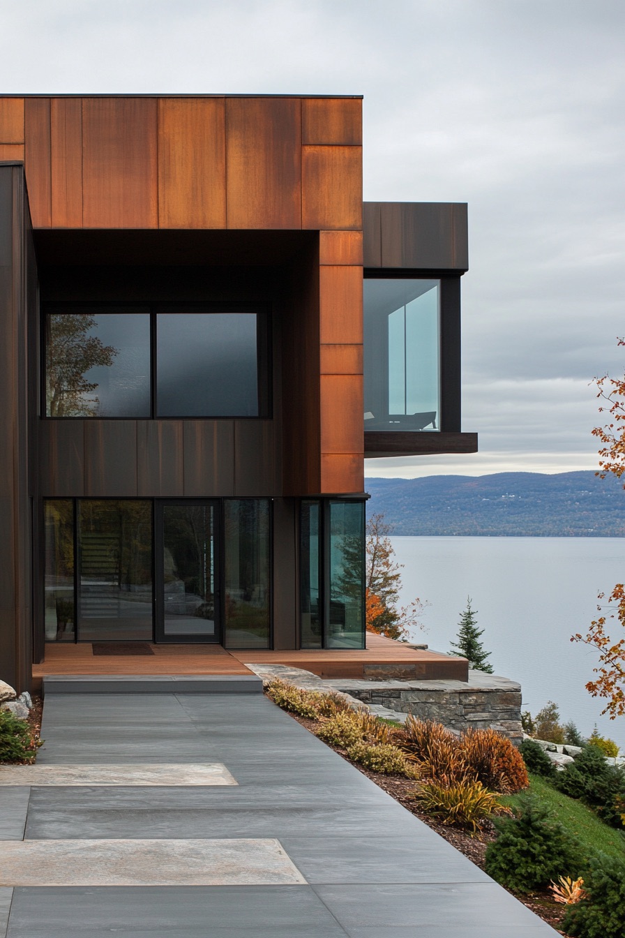 lakeside house steel and wood facade 2