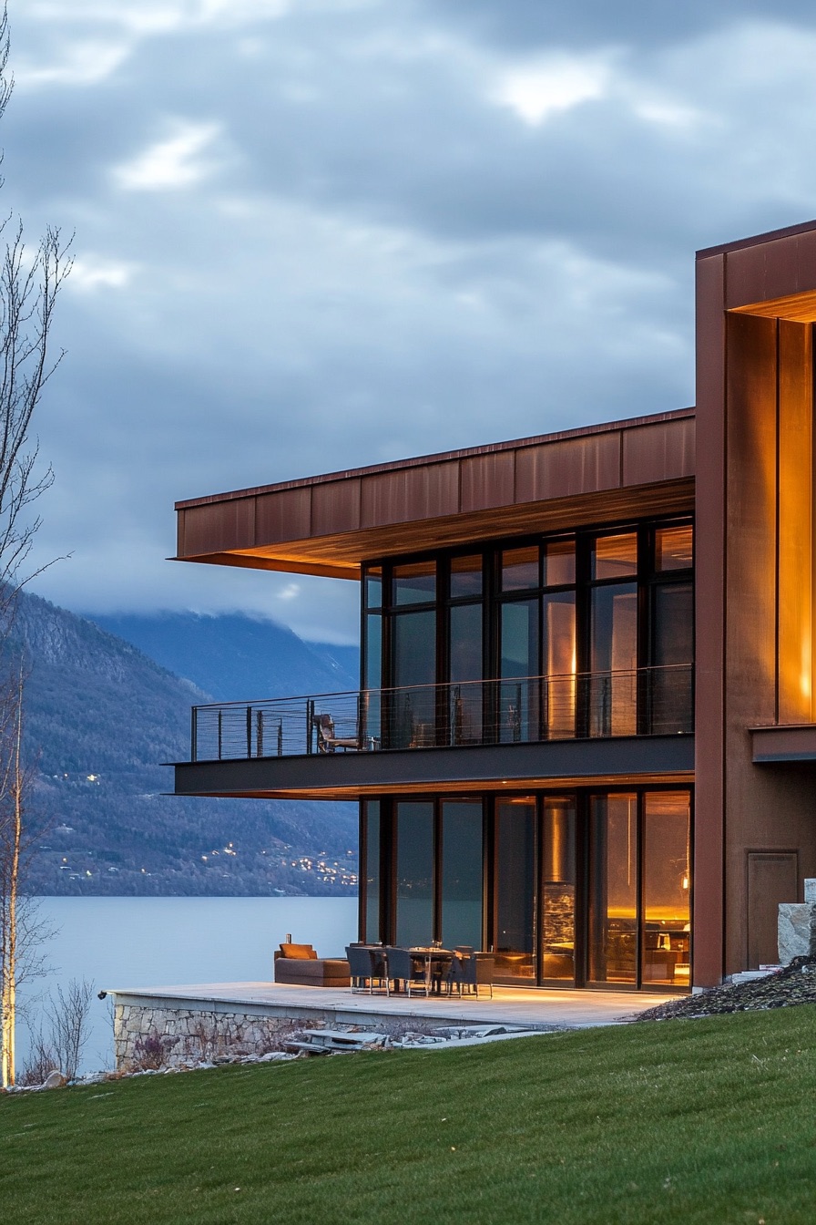 lakeside house steel and wood facade 3