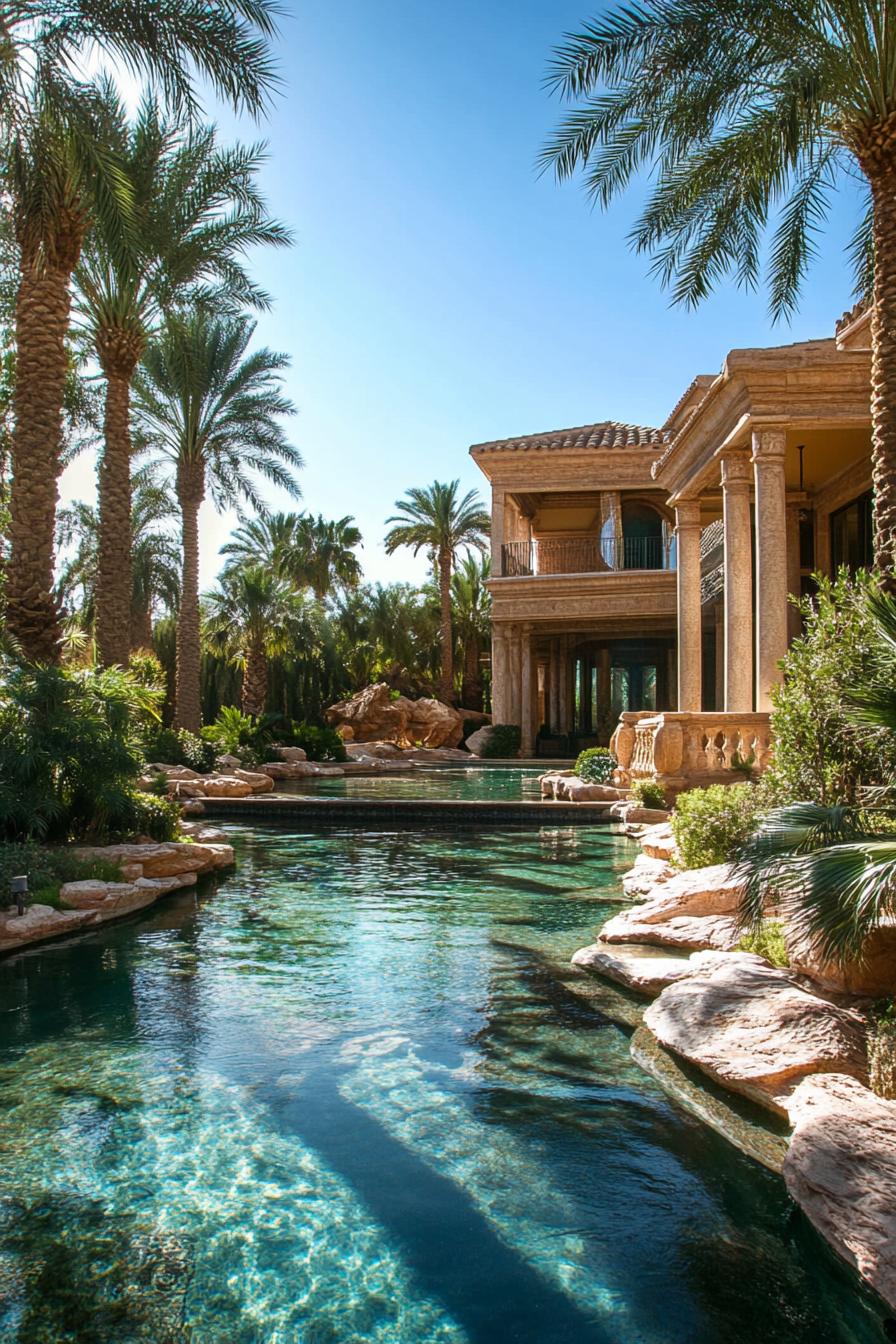 luxury desert mansion with private oasis lagoon and palm tree garden 1