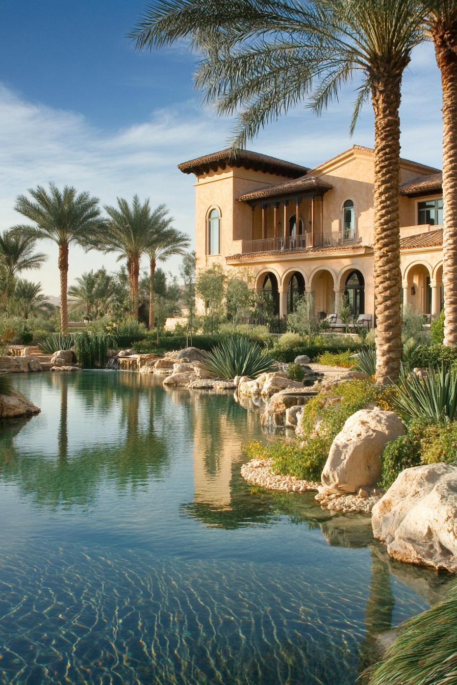 luxury desert mansion with private oasis lagoon and palm tree garden 2