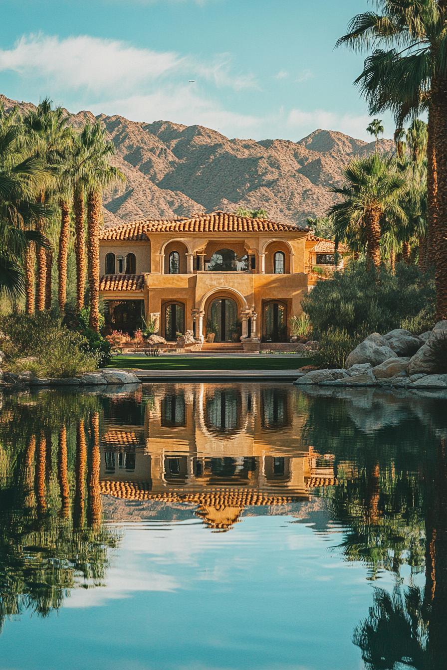 luxury desert mansion with private oasis lagoon and palm tree garden 3