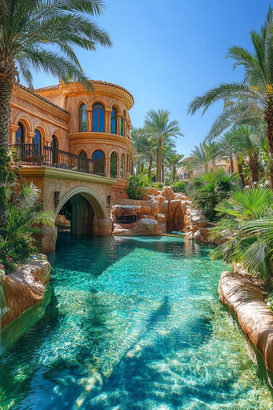 luxury desert mansion with private oasis lagoon and palm tree garden