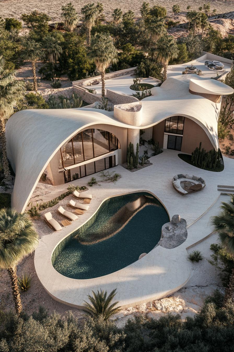 luxury desert villa geometric flower petal shaped facade with large courtyard oasis birds eye view 2