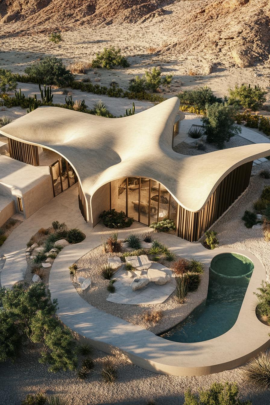 luxury desert villa geometric flower petal shaped facade with large courtyard oasis birds eye view