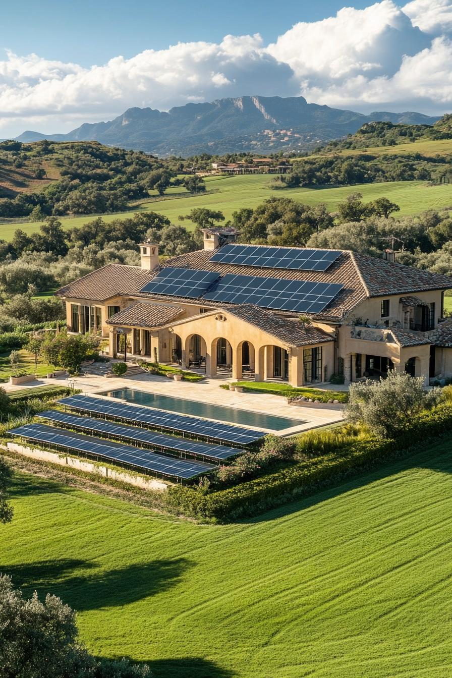 luxury mansion with solar panel farm in large green fields 1