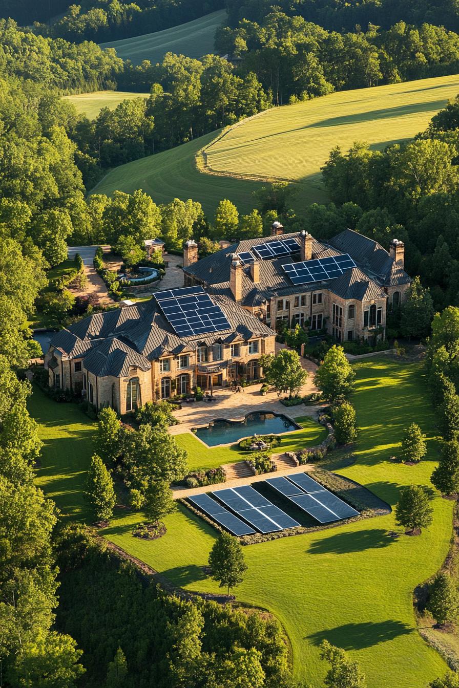 luxury mansion with solar panel farm in large green fields 2