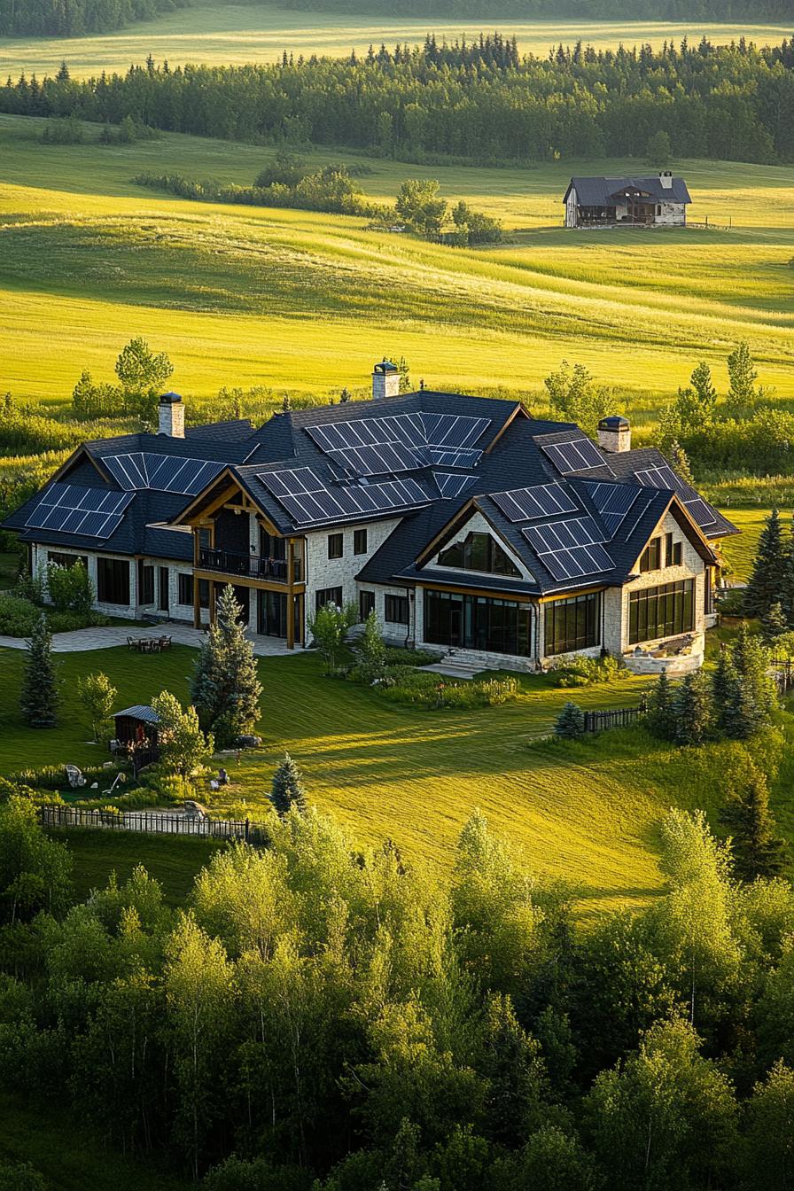 luxury mansion with solar panel farm in large green fields 3