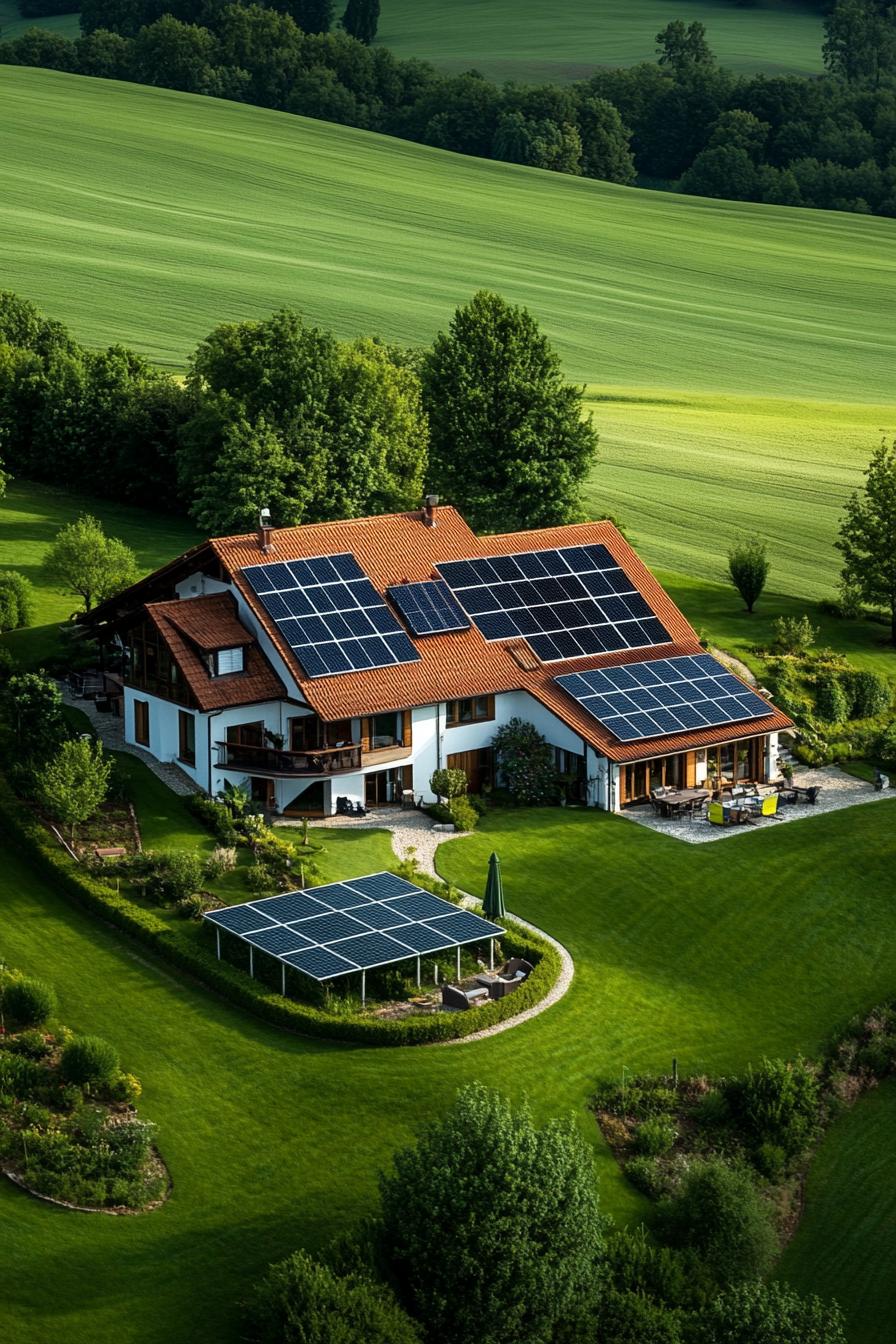 luxury mansion with solar panel farm in large green fields