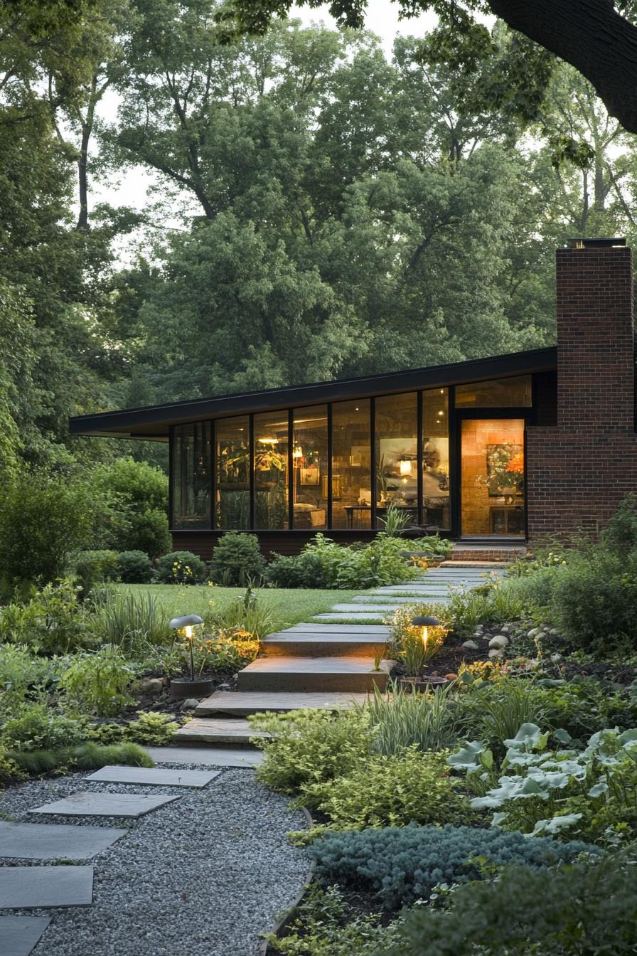 mid century modern 1950s style house farmhouse landscaping with native plants 2