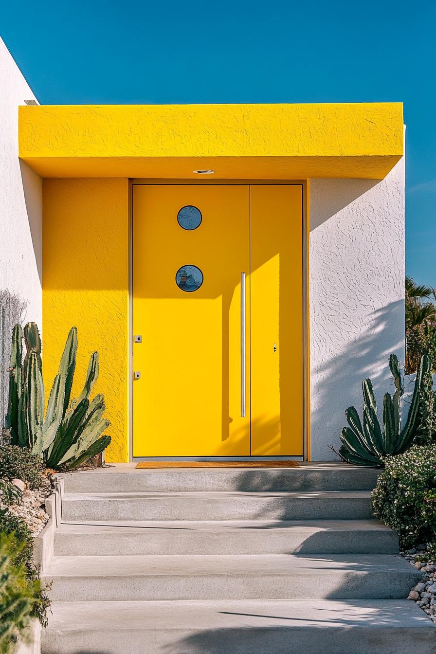 mid century modern house Bright Lemon Yellow front door With Geometric Inlays 1