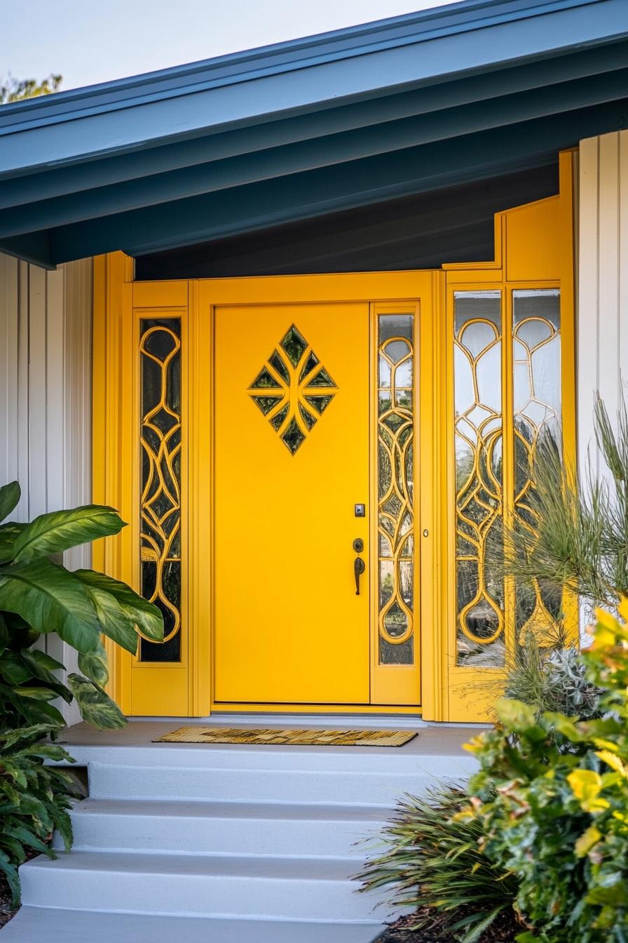 mid century modern house Bright Lemon Yellow front door With Geometric Inlays 2