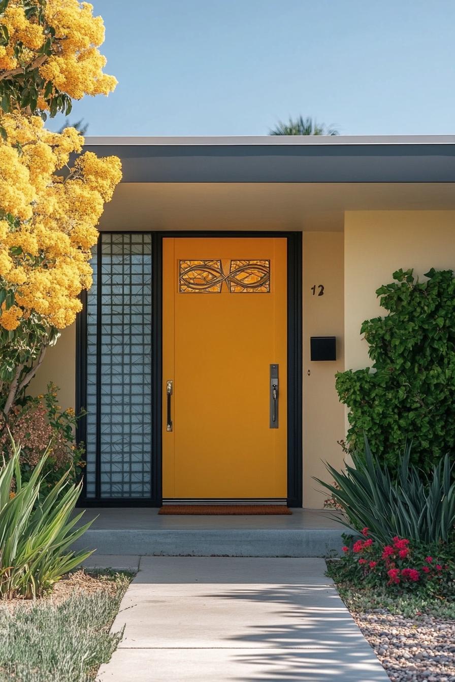 mid century modern house Bright Lemon Yellow front door With Geometric Inlays 3