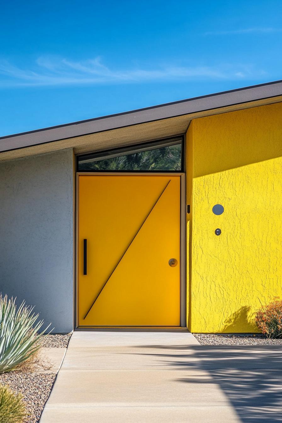 mid century modern house Bright Lemon Yellow front door With Geometric Inlays