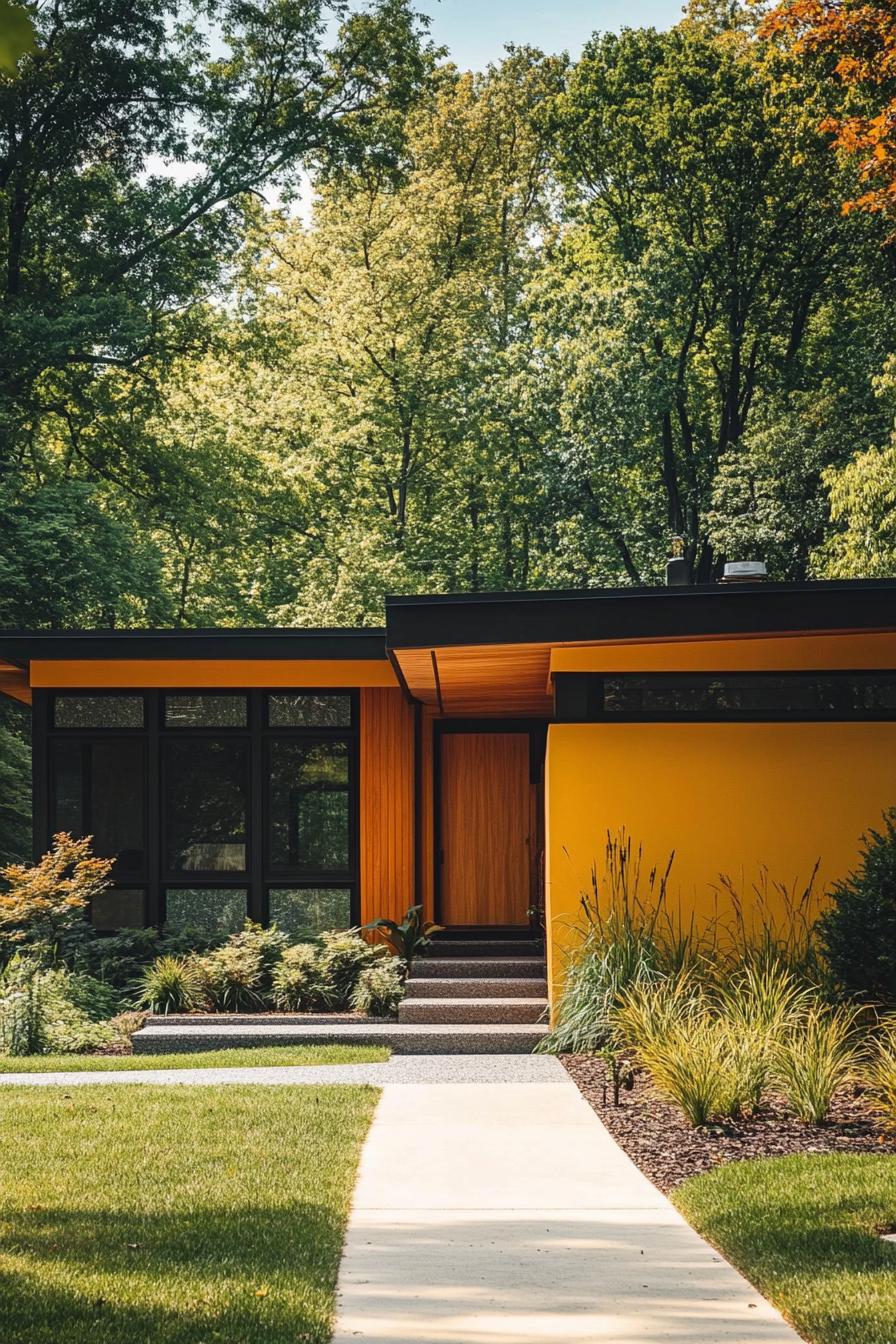 mid century modern house facade in sunshine yellow color with olive and black details 1