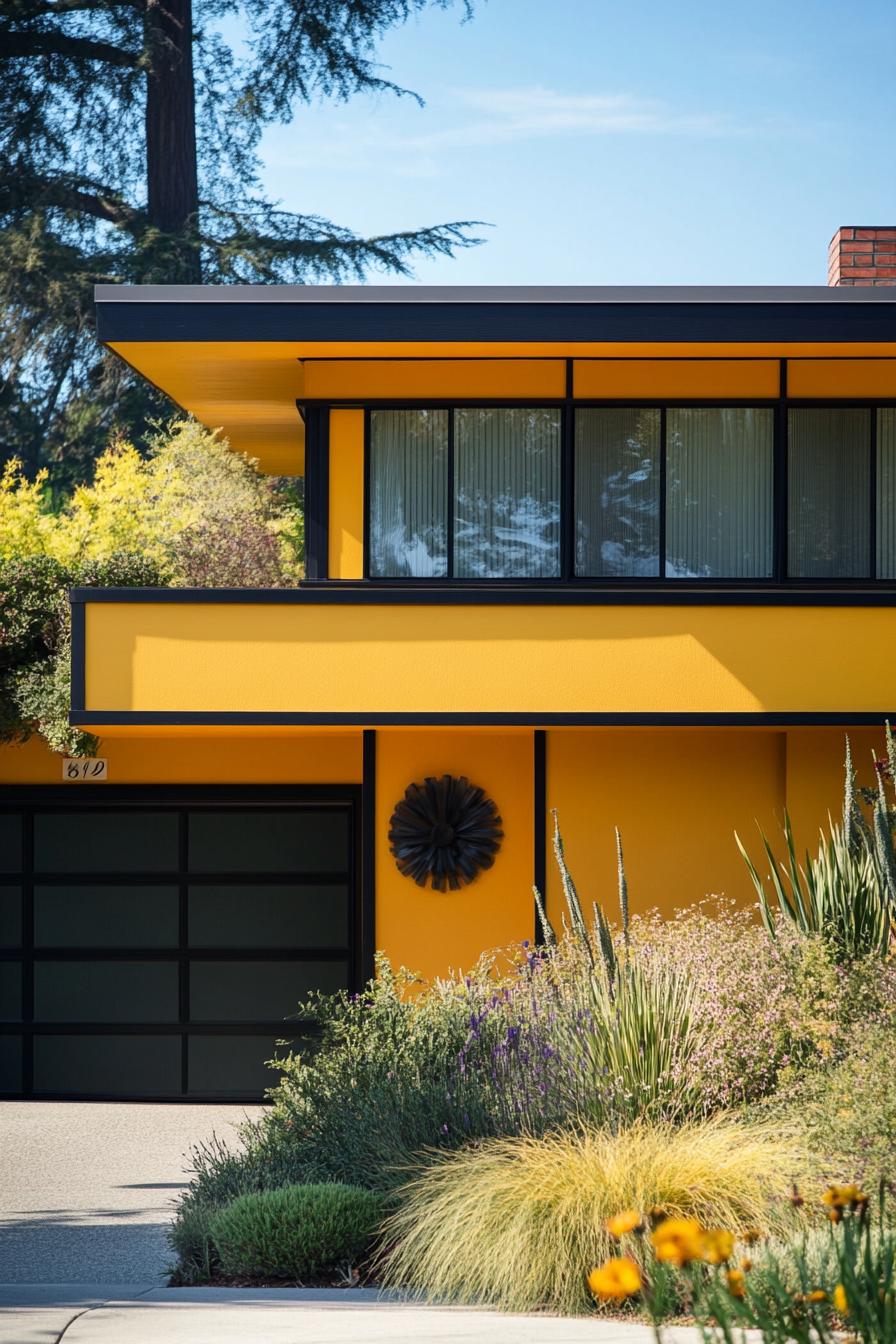 mid century modern house facade in sunshine yellow color with olive and black details 2