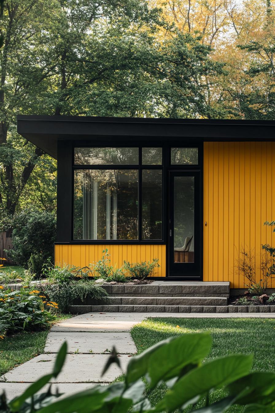 mid century modern house facade in sunshine yellow color with olive and black details 3