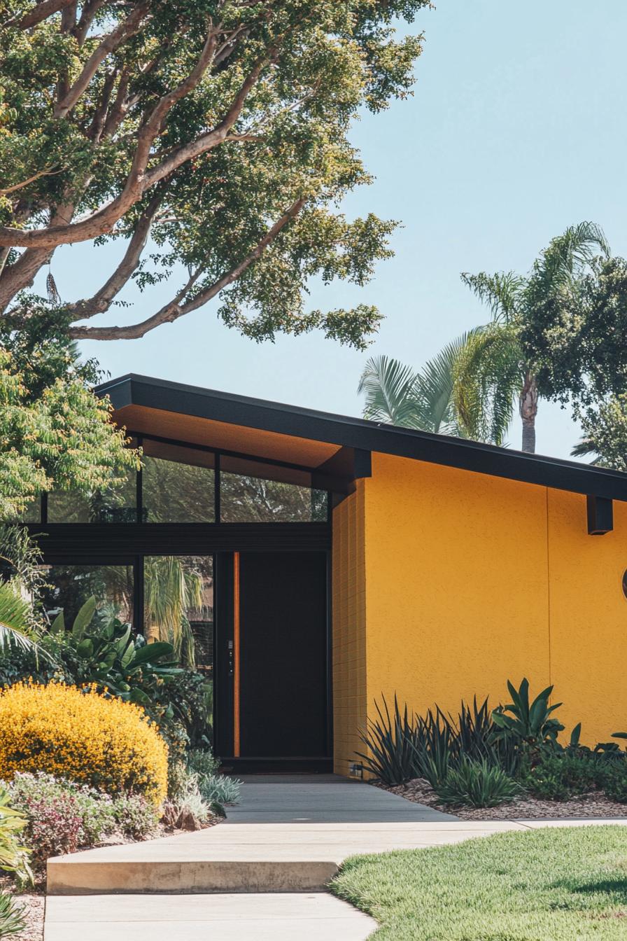 mid century modern house facade in sunshine yellow color with olive and black details