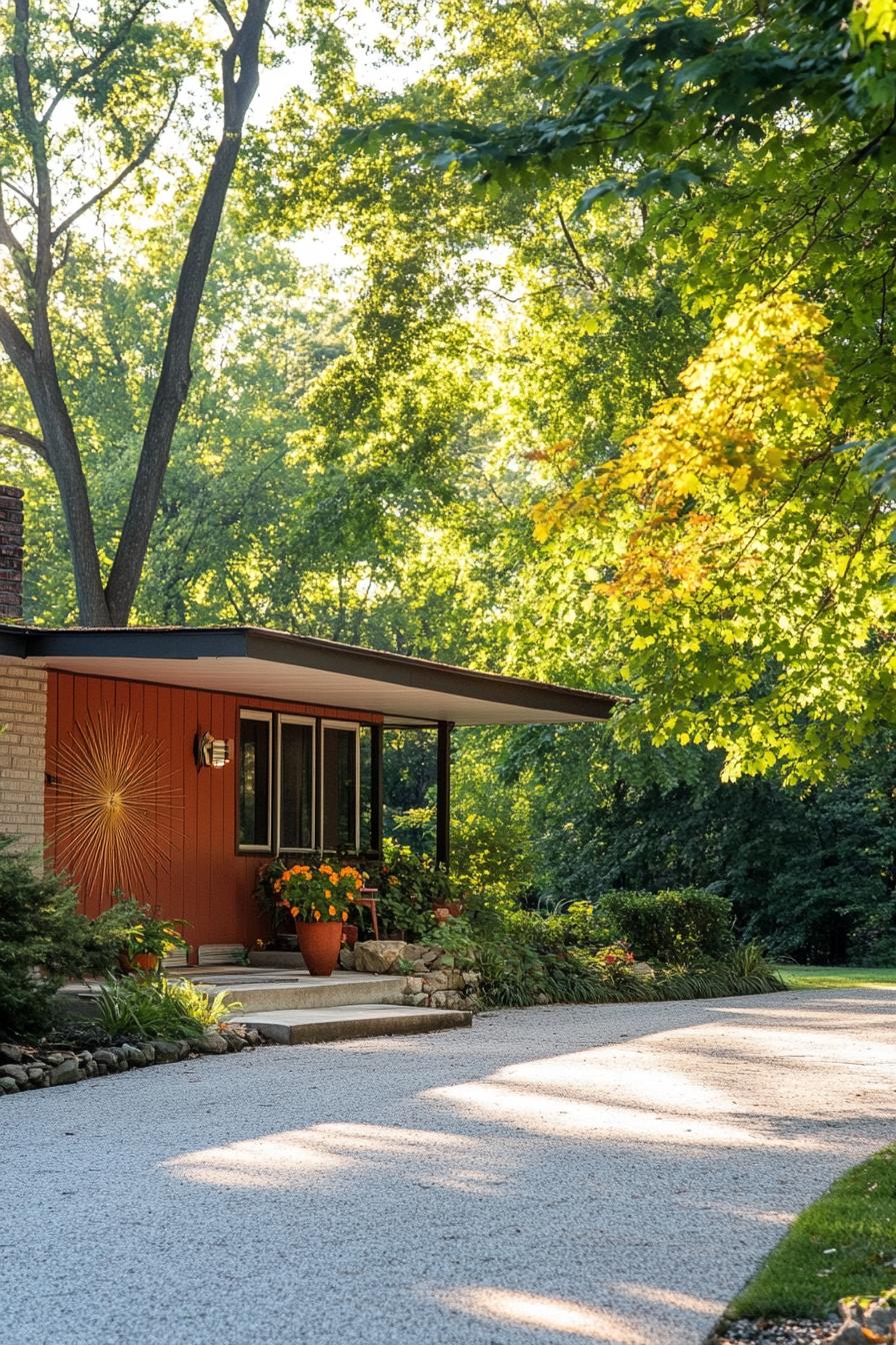 mid century modern house front porch with atomic starburst decor driveway lined with trees leads to the porch 1