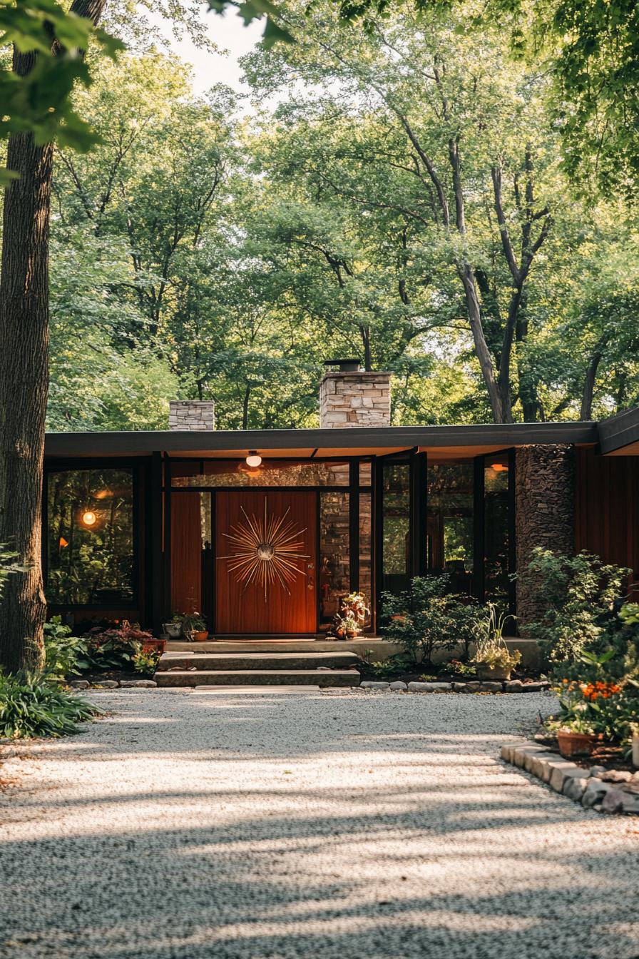 mid century modern house front porch with atomic starburst decor driveway lined with trees leads to the porch 2