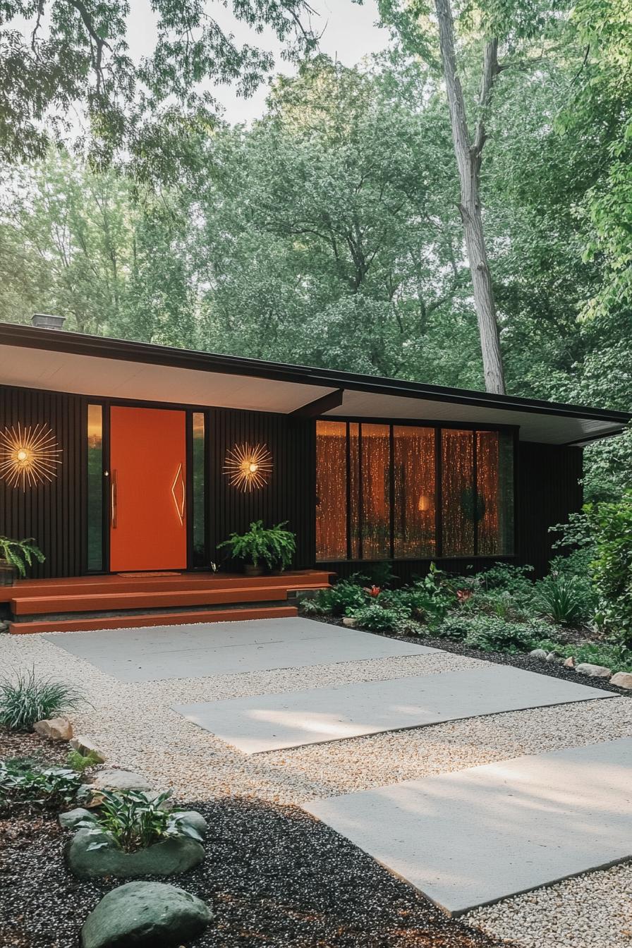 mid century modern house front porch with atomic starburst decor driveway lined with trees leads to the porch 3