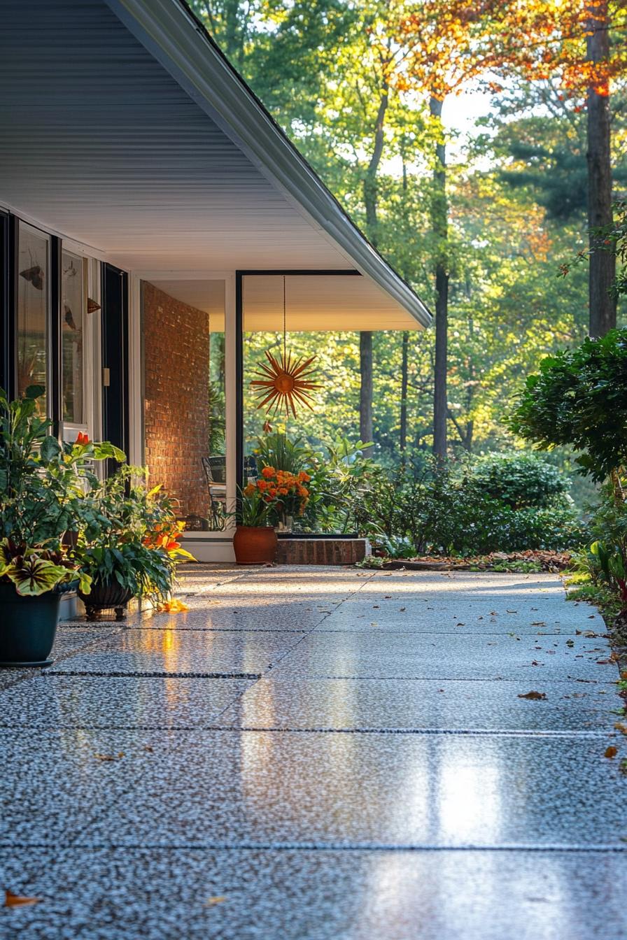 mid century modern house front porch with atomic starburst decor driveway lined with trees leads to the porch