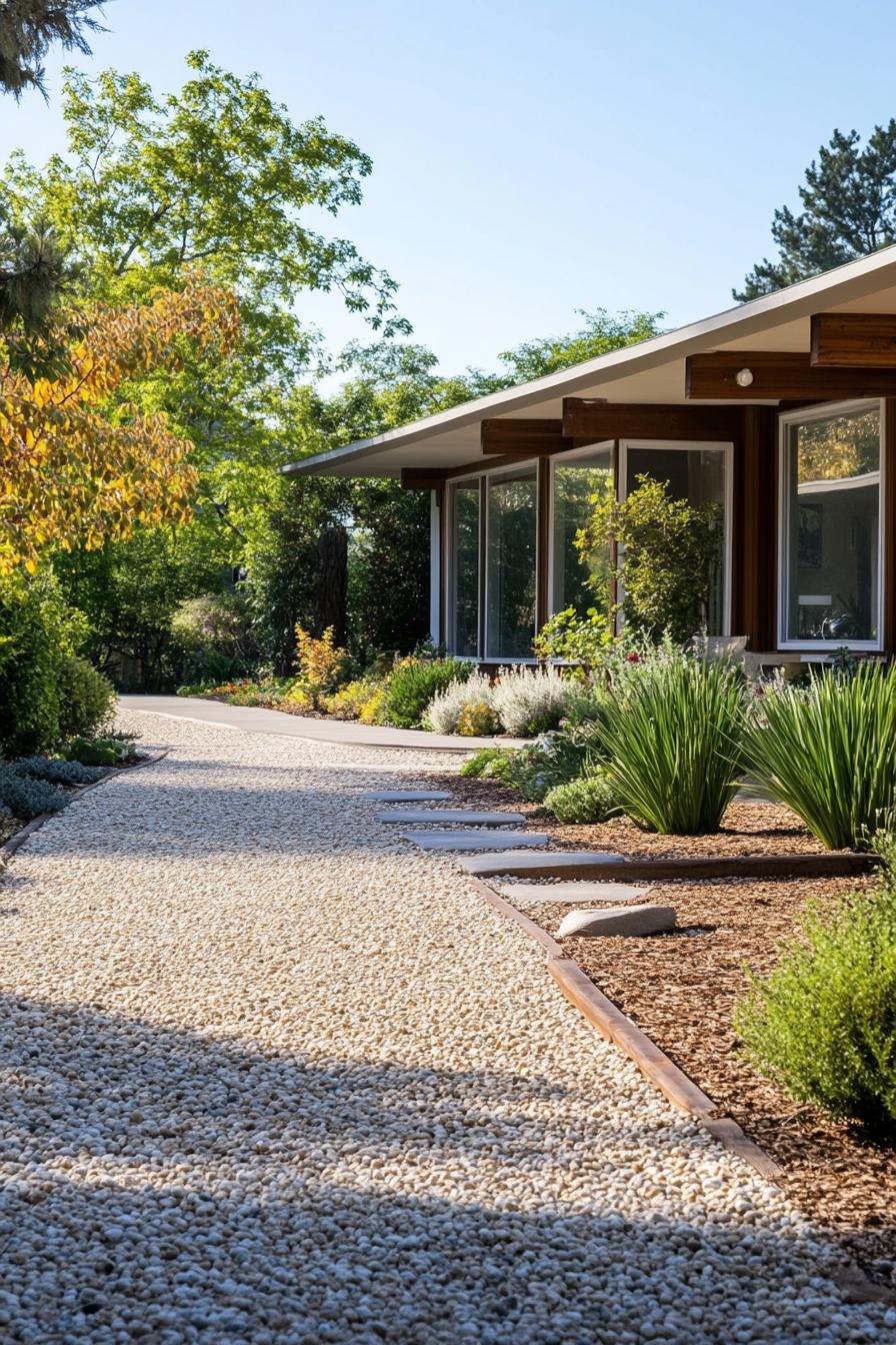 mid century modern house front yard gravel pathways with bold edging 1