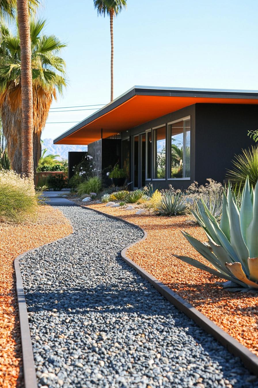 mid century modern house front yard gravel pathways with bold edging 2